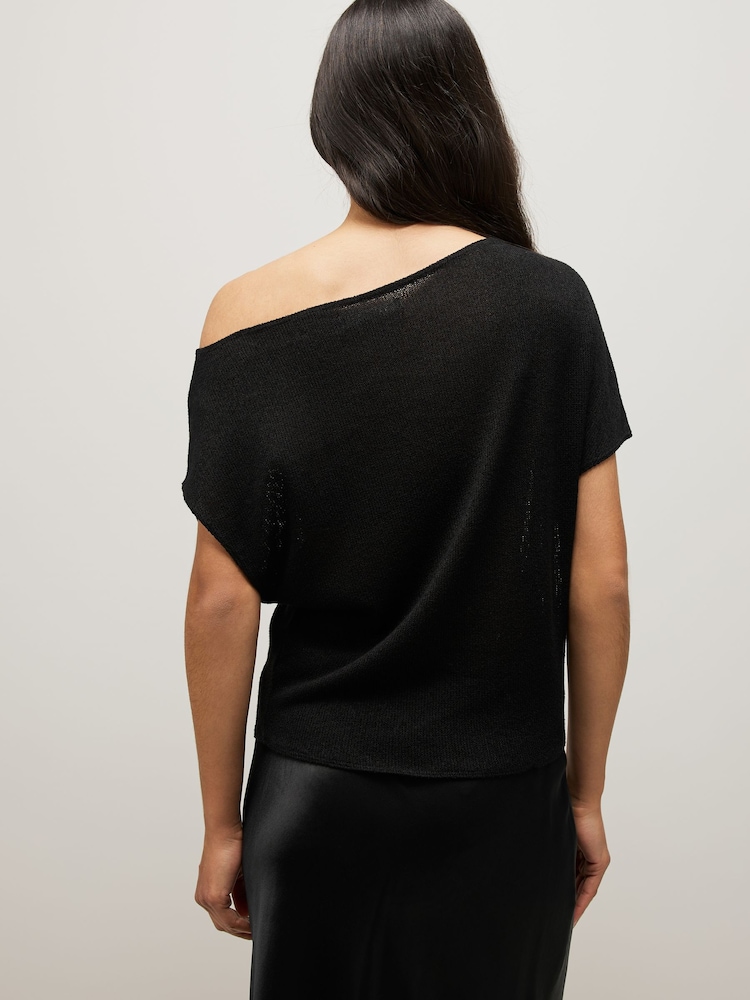 Black Draped Slash Neck Sheerknit Crochet Slouch Top - Image 3 of 8