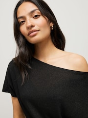 Black Draped Slash Neck Sheerknit Crochet Slouch Top - Image 4 of 8