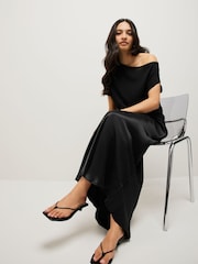 Black Draped Slash Neck Sheerknit Crochet Slouch Top - Image 5 of 8