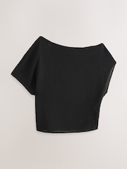 Black Draped Slash Neck Sheerknit Crochet Slouch Top - Image 6 of 8