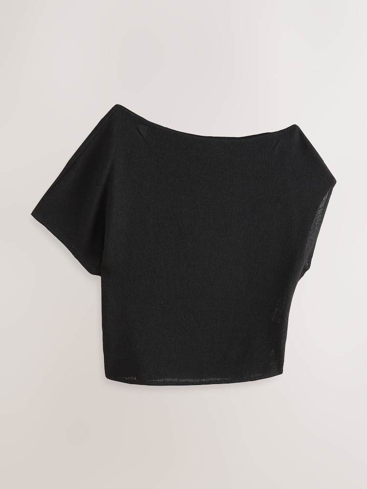 Black Draped Slash Neck Sheerknit Crochet Slouch Top - Image 6 of 8