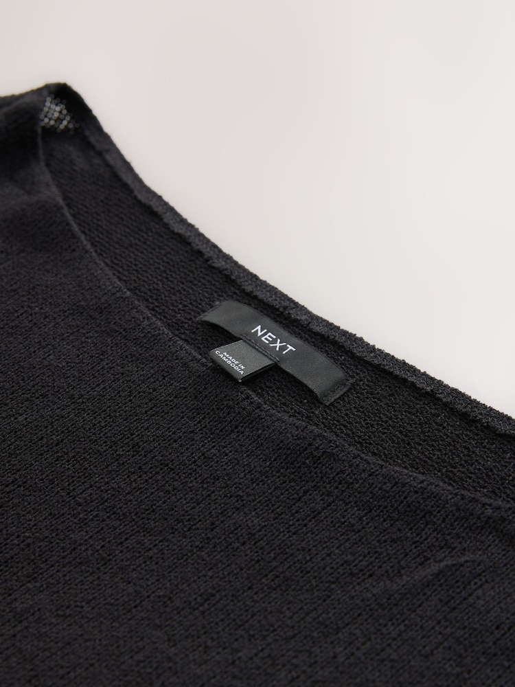 Black Draped Slash Neck Sheerknit Crochet Slouch Top - Image 8 of 8