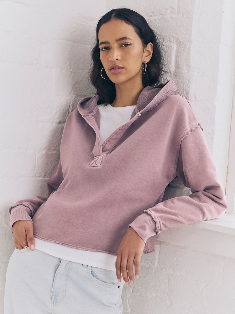 Mauve Purple Relaxed Fit Washed Cotton V-Neck Hoodie - Image 1 of 11 Mauve Purple Relaxed Fit Washed Cotton V-Neck Hoodie - Image 1 of 11