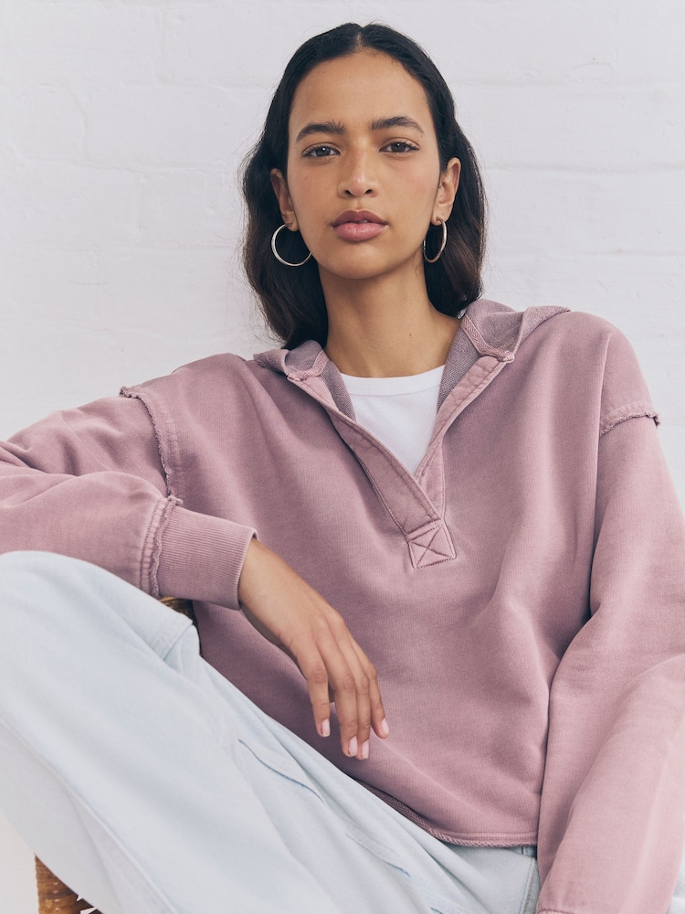 Mauve Purple Relaxed Fit Washed Cotton V-Neck Hoodie - Image 2 of 11 Mauve Purple Relaxed Fit Washed Cotton V-Neck Hoodie - Image 2 of 11