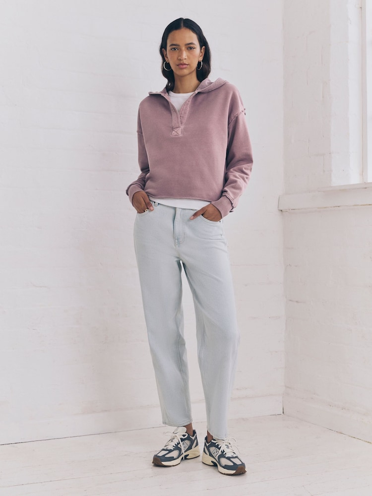 Mauve Purple Relaxed Fit Washed Cotton V-Neck Hoodie - Image 3 of 11