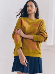 Olive Green Graphic Print All-Over Premium Embellished Embroidery Oriental Sweatshirt - Image 2 of 9