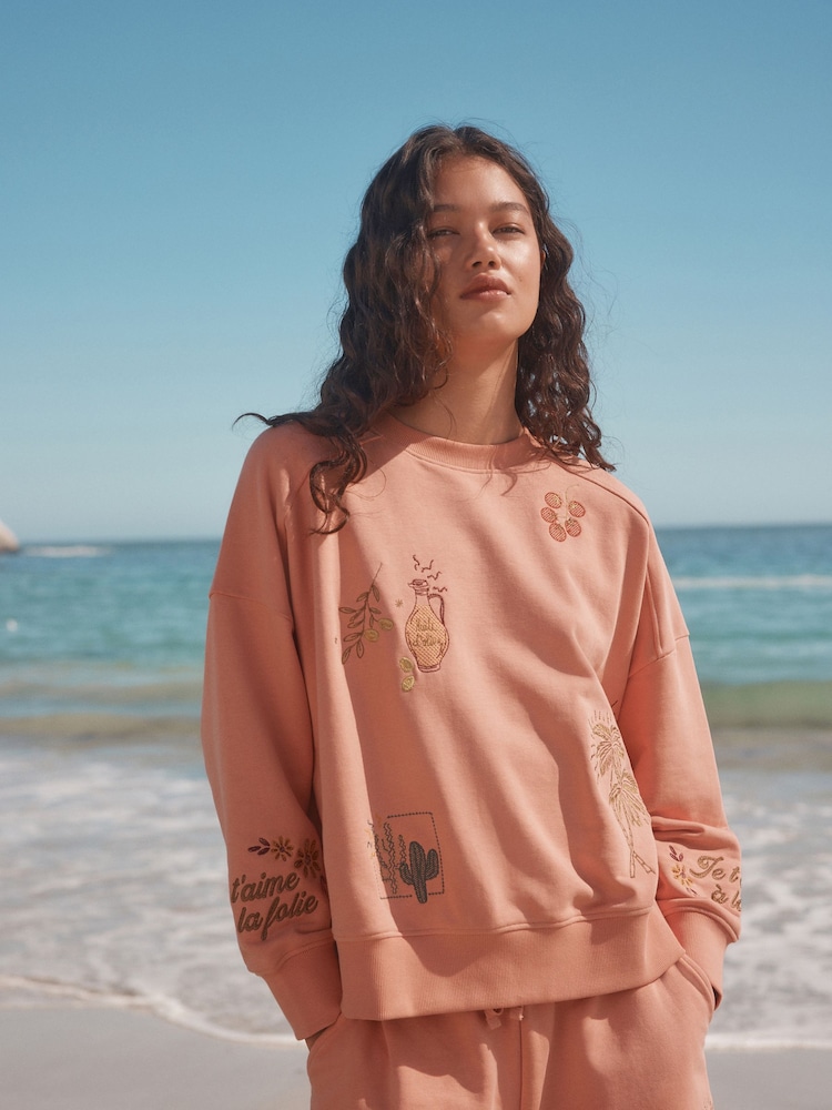 Coral/Salmon Pink Heavy All-Over Embroidery Summer Food and Cockatils Graphic Print Crew-Neck Sweatshirt - Image 1 of 8
