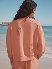 Coral/Salmon Pink Heavy All-Over Embroidery Summer Food and Cockatils Graphic Print Crew-Neck Sweatshirt - Image 4 of 8