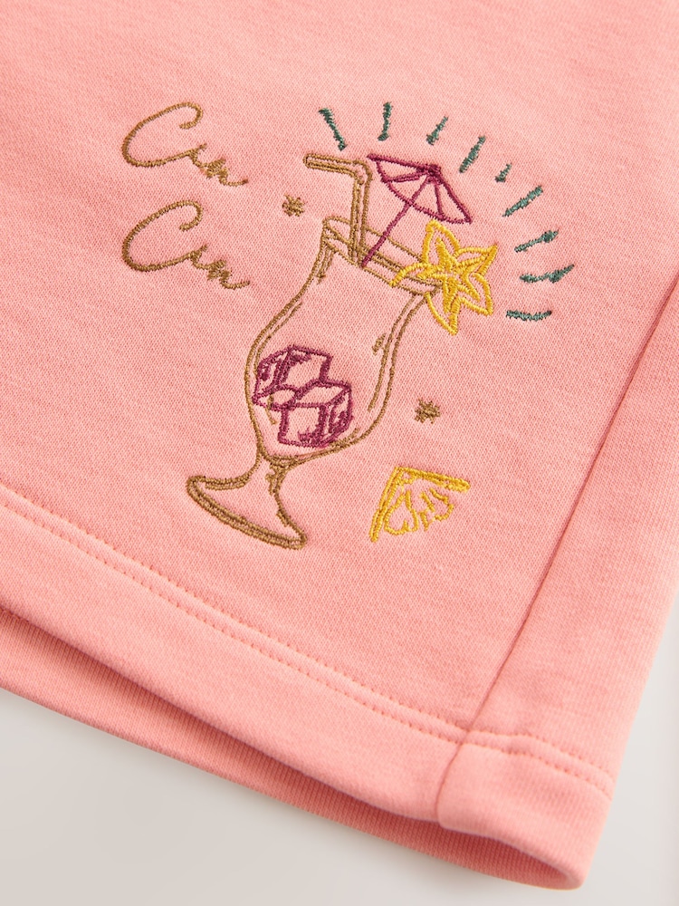Coral/Salmon Pink Heavy All-Over Embroidery Summer Food and Cockatils Graphic Print Crew-Neck Sweatshirt - Image 8 of 8