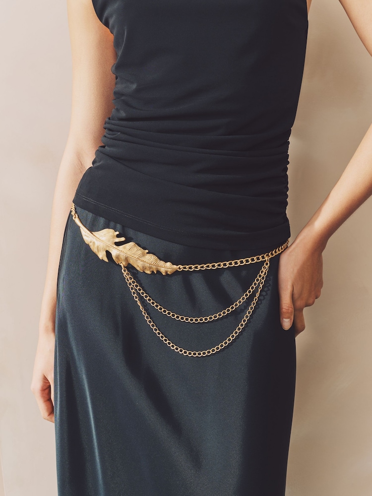 Gold Tone Feather Chain Belt - Image 2 of 5