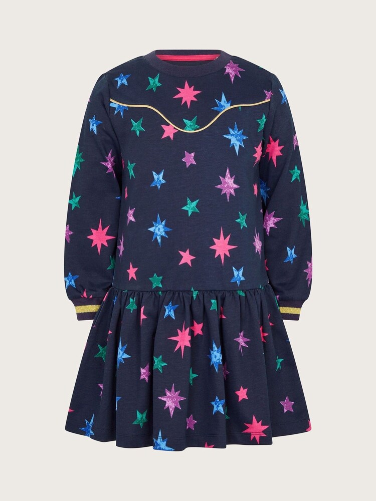 Monsoon Blue 100% Cotton Star Print Sweatshirt Dress - Image 1 of 3