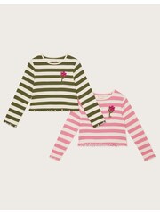 Monsoon Green/Pink Stripe Long Sleeve Crop 100% Cotton T-Shirt 2 Pack - Image 1 of 3