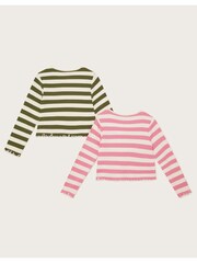 Monsoon Green/Pink Stripe Long Sleeve Crop 100% Cotton T-Shirt 2 Pack - Image 2 of 3
