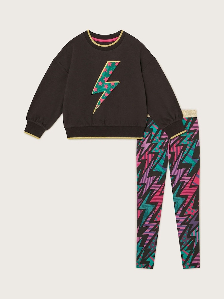 Monsoon Black Lightning Bolt Sweatshirt and Leggings Set - Image 1 of 3