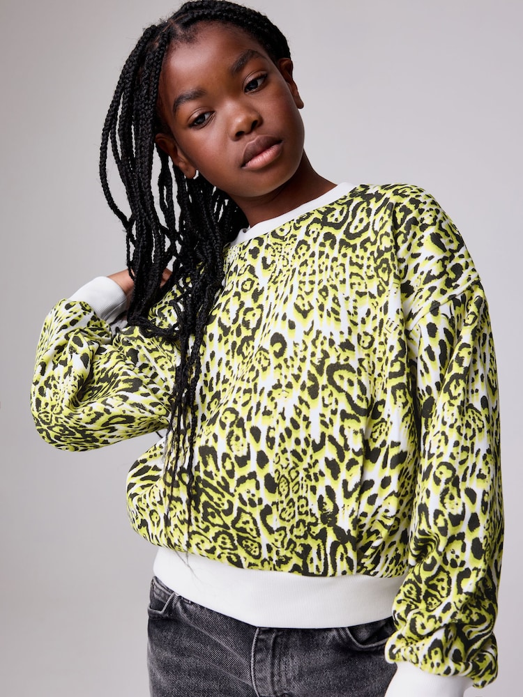smALLSAINTS Yellow Leopard Oversized Rihan Baloon Sleeve Sweatshirt - Image 1 of 14