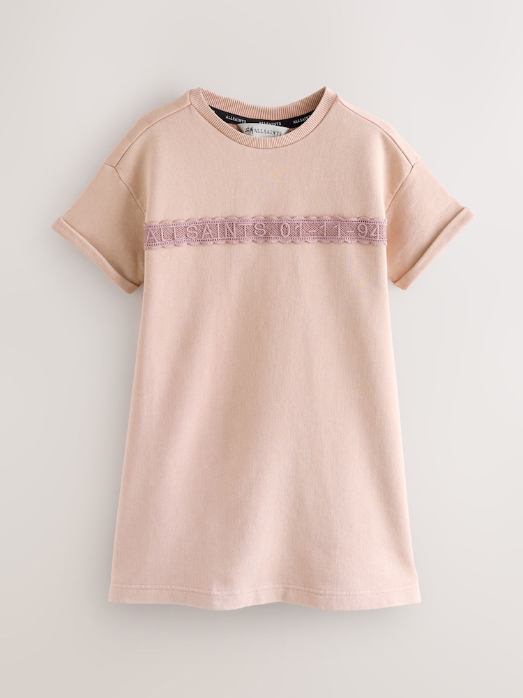 smALLSAINTS Pink Logo Lace Pleat Back T-Shirt Dress - Image 1 of 4