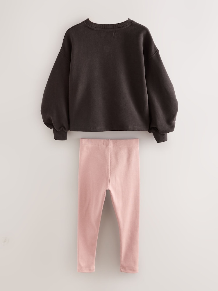 smALLSAINTS Brown/Pink Oversized Tierra Ruched Sleeve Sweatshirt and Ribbed Leggings Set - Image 2 of 5 smALLSAINTS Brown/Pink Oversized Tierra Ruched Sleeve Sweatshirt and Ribbed Leggings Set - Image 2 of 5