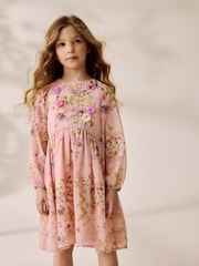 Pink Floral Long Sleeve Embellished Dress (3-10yrs) - Image 1 of 10