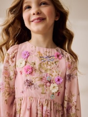 Pink Floral Long Sleeve Embellished Dress (3-10yrs) - Image 4 of 10