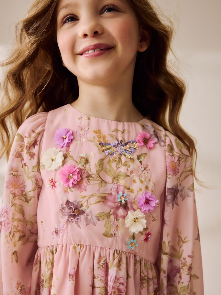 Pink Floral Long Sleeve Embellished Dress (3-10yrs) - Image 4 of 10