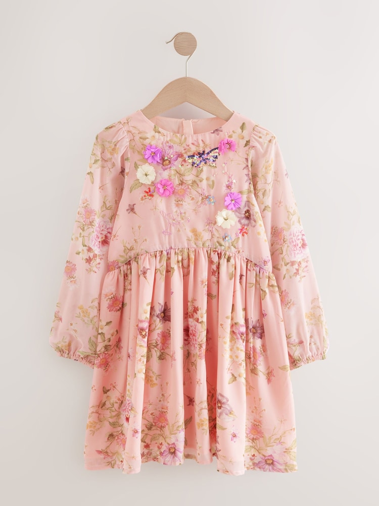Pink Floral Long Sleeve Embellished Dress (3-10yrs) - Image 5 of 10