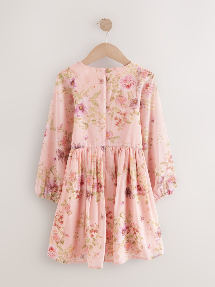 Pink Floral Long Sleeve Embellished Dress (3-10yrs) - Image 6 of 10