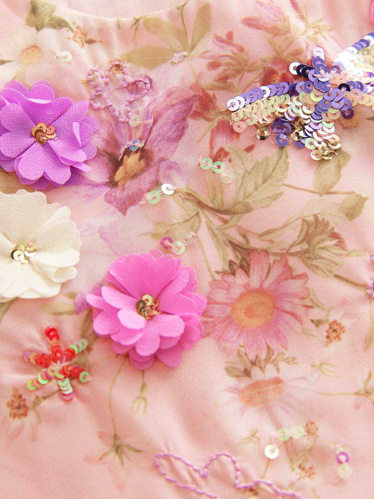 Pink Floral Long Sleeve Embellished Dress (3-10yrs) - Image 8 of 10