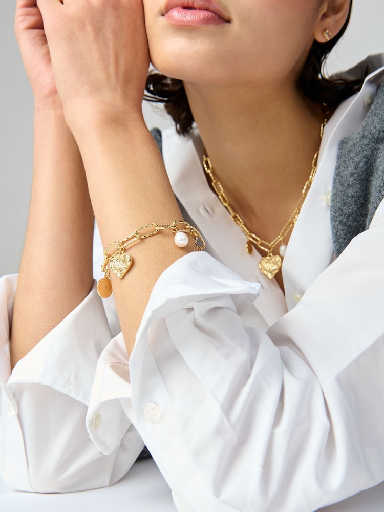Aela 18k Gold Plated Heart Charm And Freshwater Pearl Bracelet - Image 2 of 4