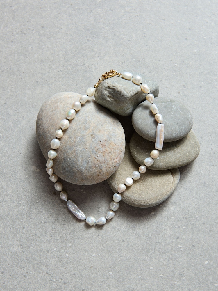 Aela Freshwater Pearl White Necklace With Contrast Knotted Cord Detail - Image 2 of 2