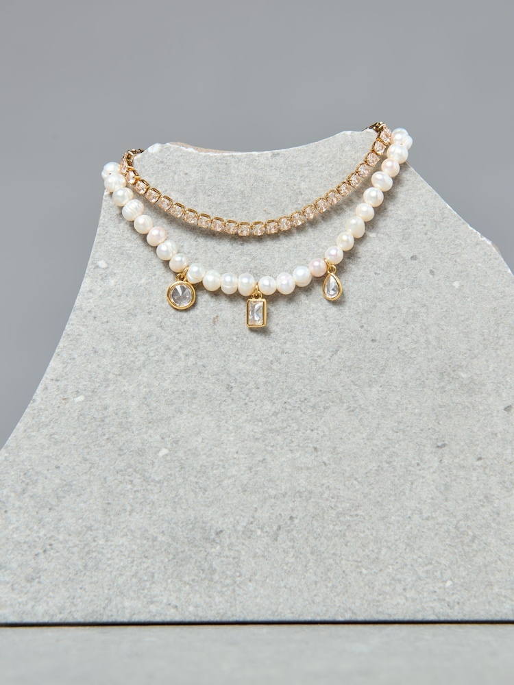 Aela 18k Gold Plated Stone And Freshwater Pearl Bracelet Set - Image 2 of 3