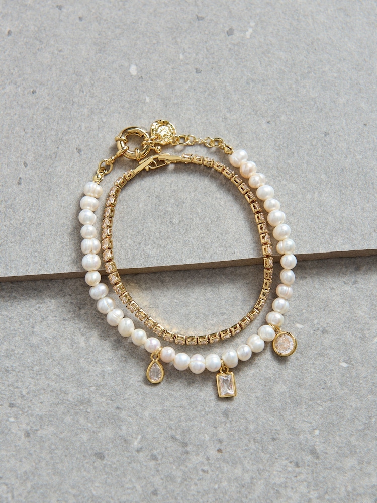 Aela 18k Gold Plated Stone And Freshwater Pearl Bracelet Set - Image 3 of 3