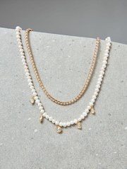 Aela 18k Gold Plated Stone And Freshwater Pearl Multirow Necklace - Image 2 of 4