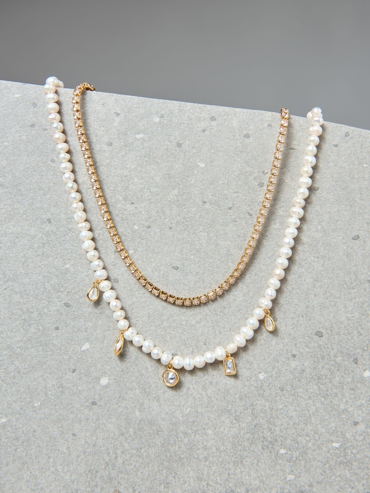Aela 18k Gold Plated Stone And Freshwater Pearl Multirow Necklace - Image 2 of 4
