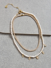 Aela 18k Gold Plated Stone And Freshwater Pearl Multirow Necklace - Image 4 of 4