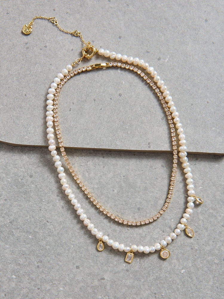 Aela 18k Gold Plated Stone And Freshwater Pearl Multirow Necklace - Image 4 of 4