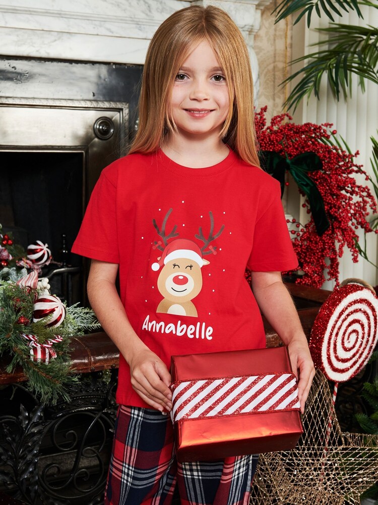 Personalised 100% Cotton Christmas Reindeer Older Girls Pyjamas by Stitch Style - Image 1 of 5