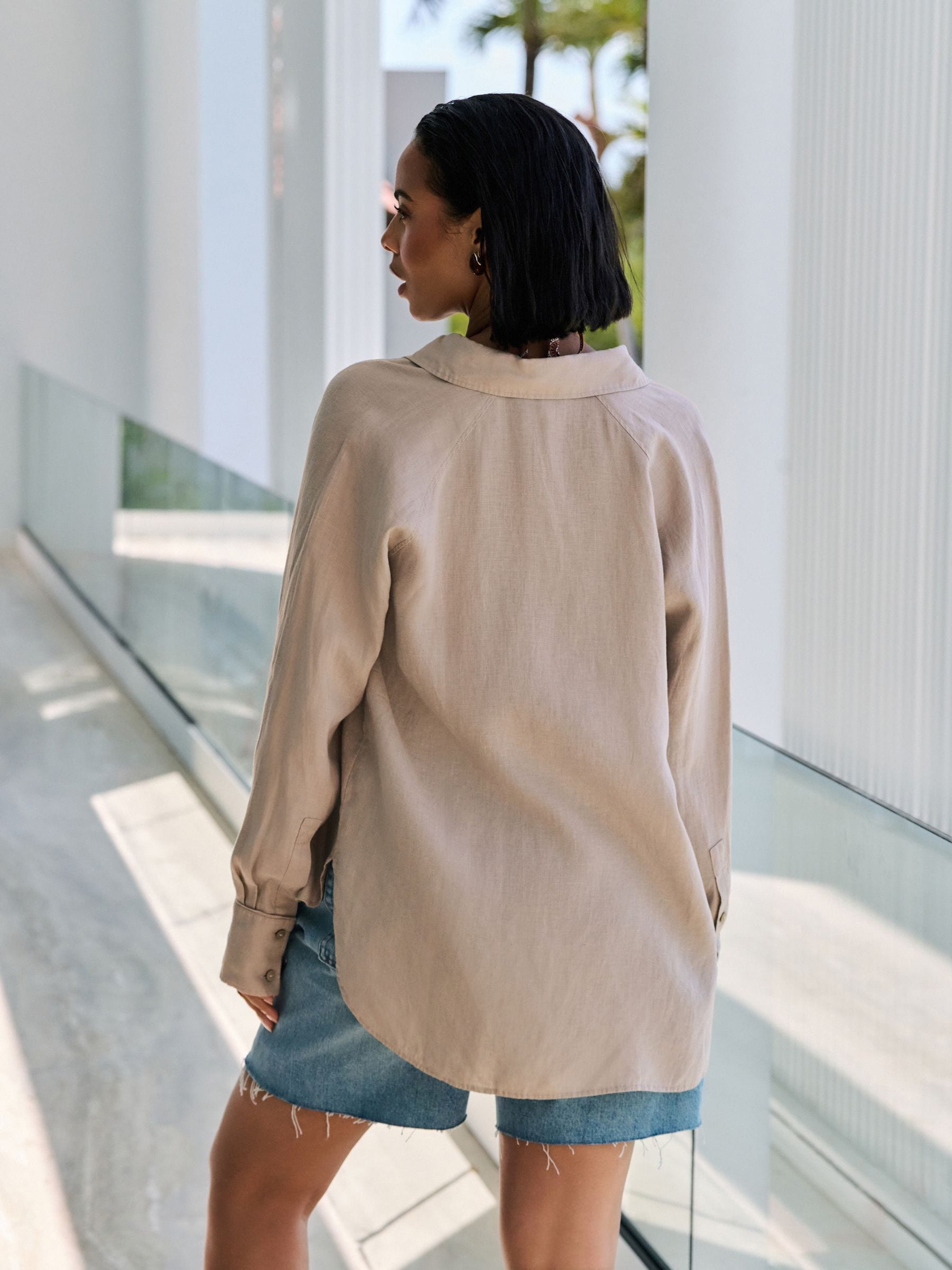 Buy Stone 100% Linen Button Down Relaxed Long Sleeve Shirt from