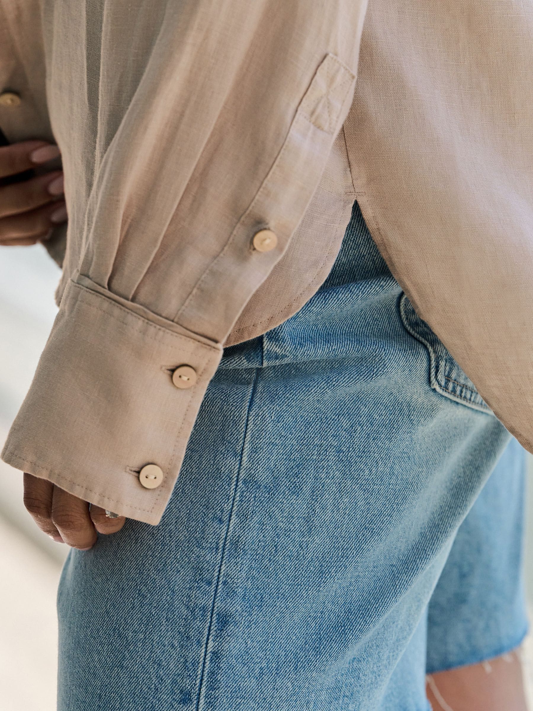 Buy Stone 100% Linen Button Down Relaxed Long Sleeve Shirt from