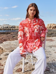 Red/Pink Lobster Print Long Sleeve Shirt With Linen - Image 1 of 8