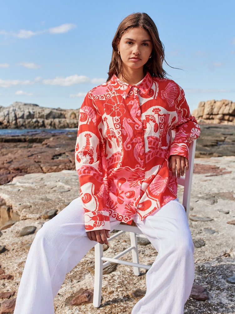 Red/Pink Lobster Print Long Sleeve Shirt With Linen - Image 1 of 8