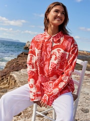Red/Pink Lobster Print Long Sleeve Shirt With Linen - Image 2 of 8