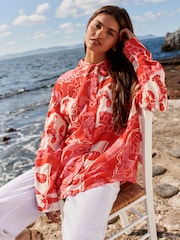 Red/Pink Lobster Print Long Sleeve Shirt With Linen - Image 3 of 8