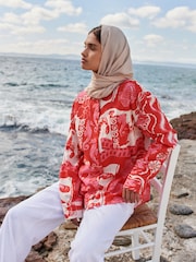 Red/Pink Lobster Print Long Sleeve Shirt With Linen - Image 4 of 8