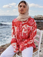 Red/Pink Lobster Print Long Sleeve Shirt With Linen - Image 5 of 8