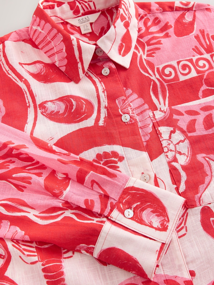 Red/Pink Lobster Print Long Sleeve Shirt With Linen - Image 8 of 8