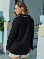 Black with White Stitch 100% Linen Button Down Relaxed Long Sleeve Shirt - Image 2 of 7