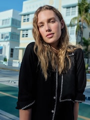 Black with White Stitch 100% Linen Button Down Relaxed Long Sleeve Shirt - Image 3 of 7