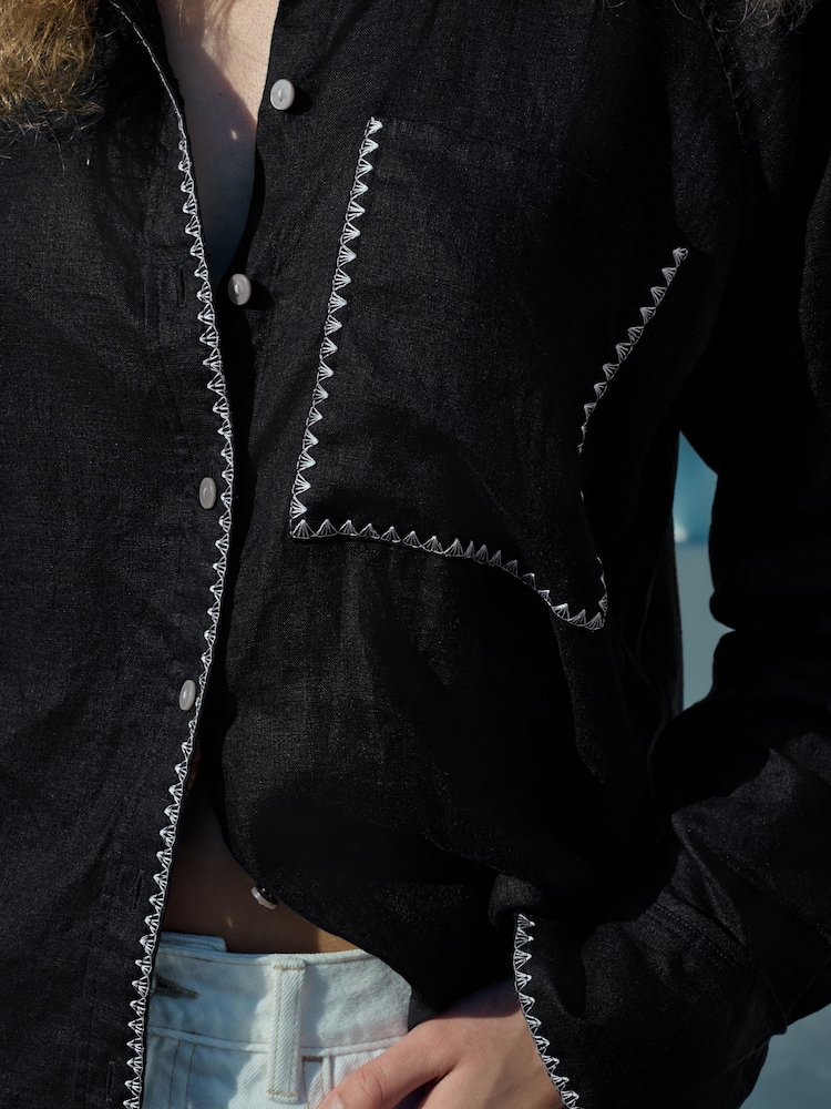 Black with White Stitch 100% Linen Button Down Relaxed Long Sleeve Shirt - Image 4 of 7