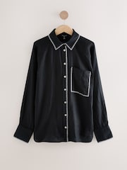 Black with White Stitch 100% Linen Button Down Relaxed Long Sleeve Shirt - Image 5 of 7