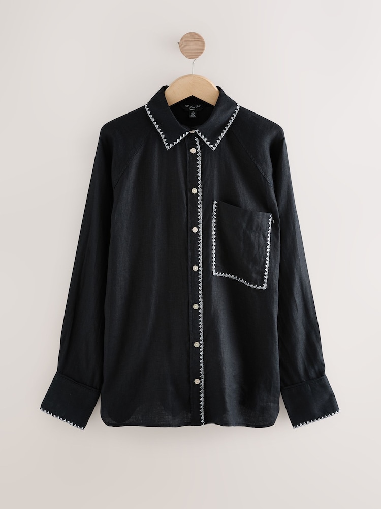 Black with White Stitch 100% Linen Button Down Relaxed Long Sleeve Shirt - Image 5 of 7